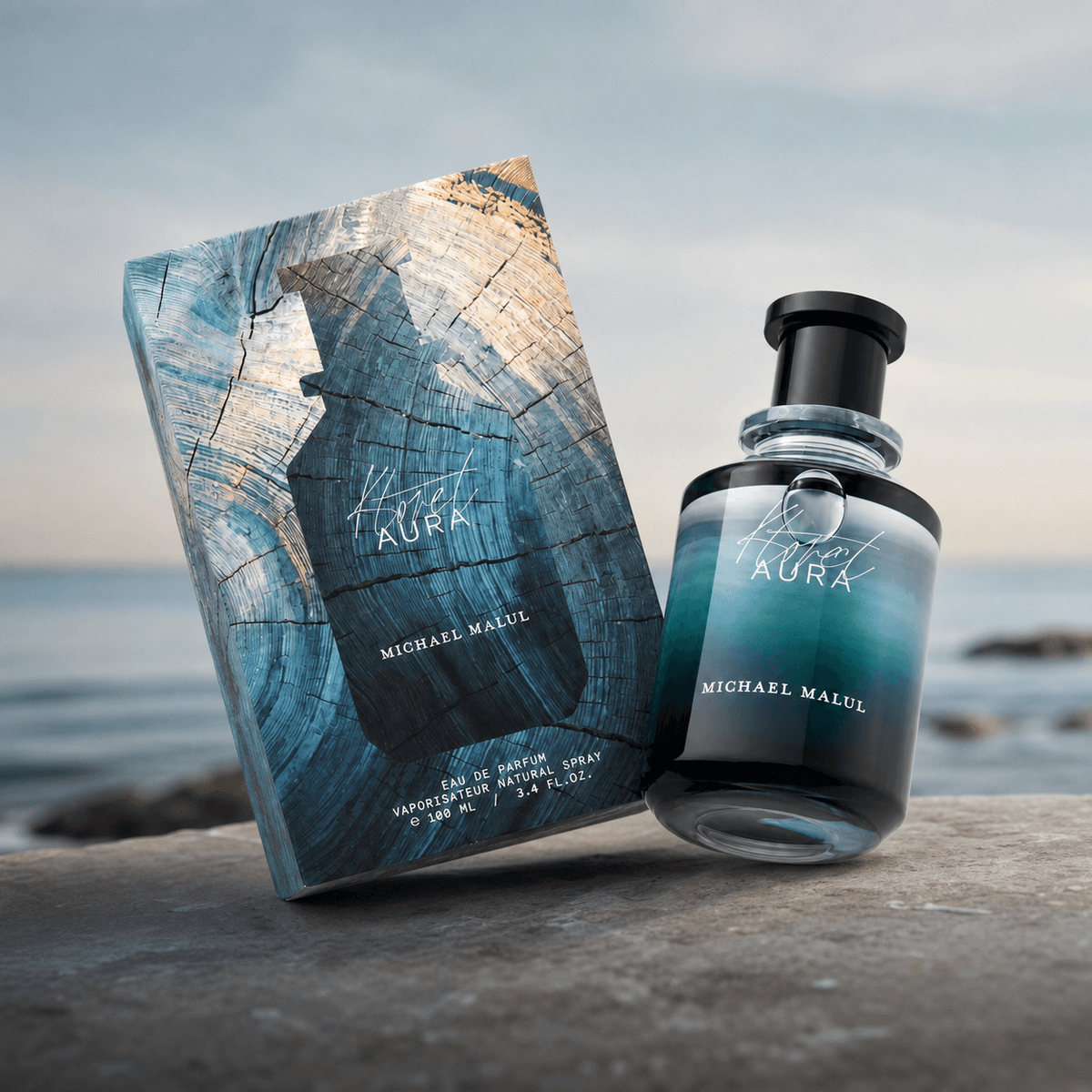 Michael Malul Ktoret Aura men's fragrance styled in a fresh woody musk perfume presentation