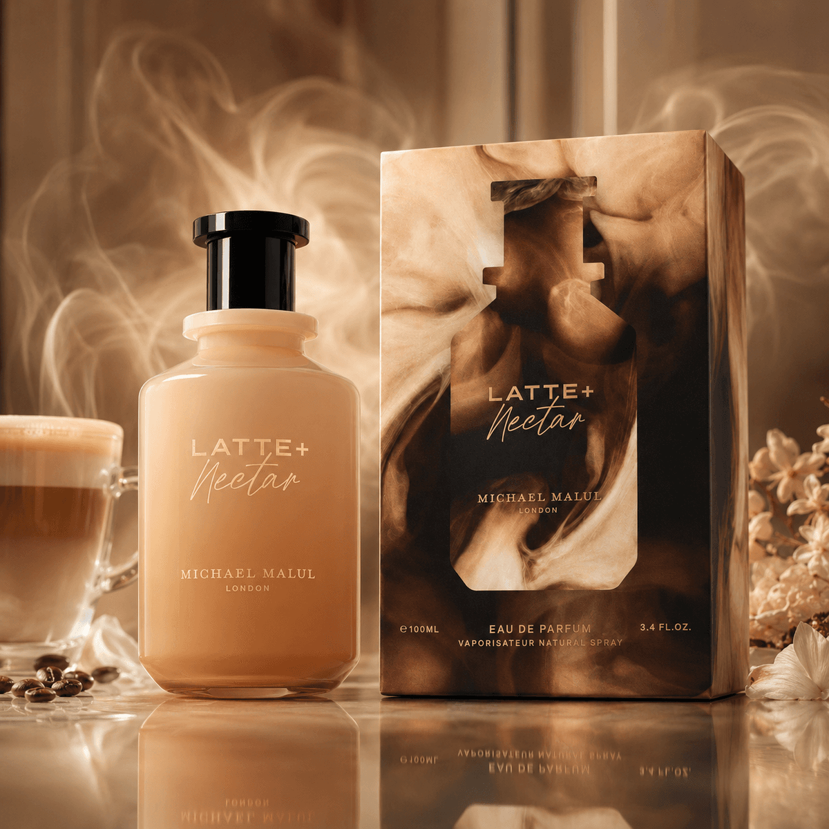 Michael Malul Latte+Nectar women's fragrance styled in a warm creamy gourmand presentation