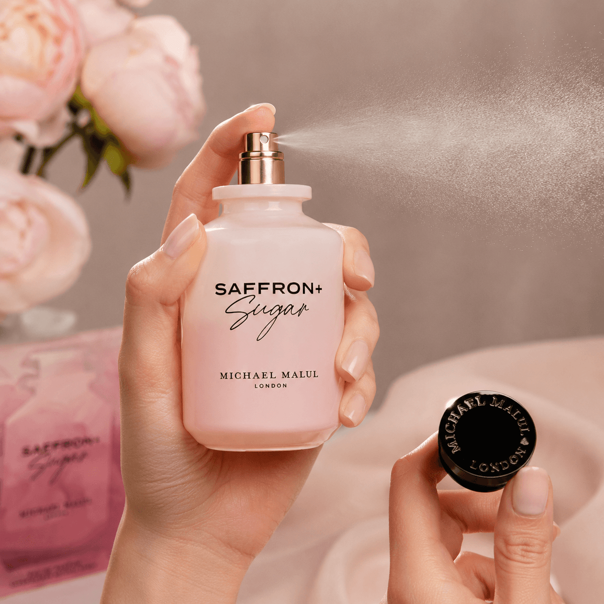 Michael Malul Saffron+Sugar fragrance notes with lemon, pear, saffron, raspberry, rose, amber and caramel