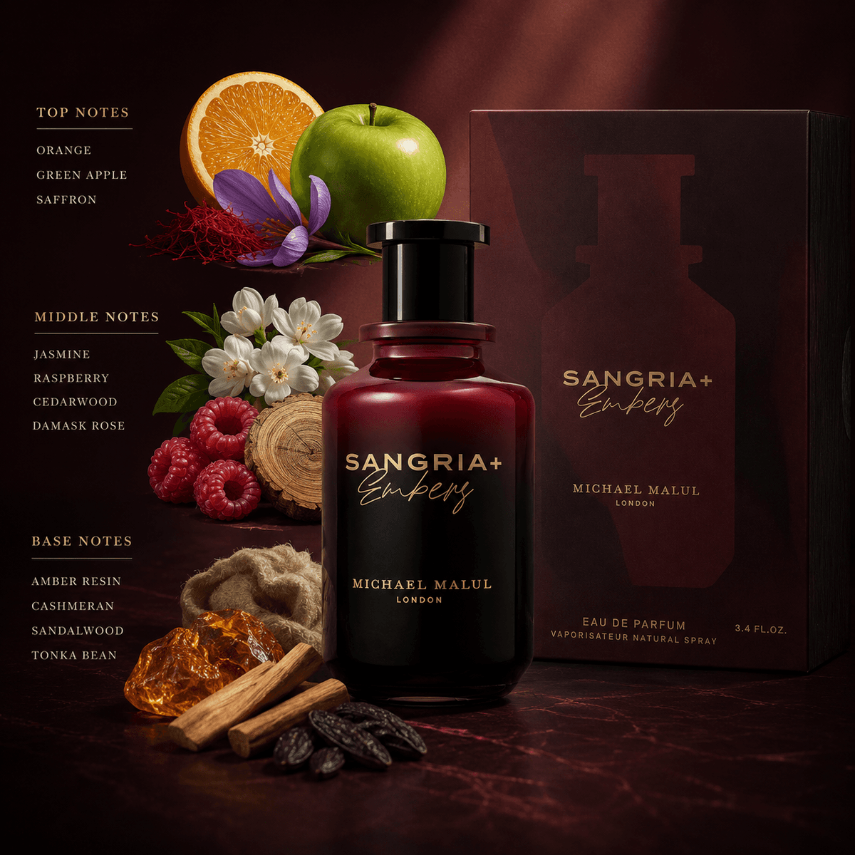Michael Malul Sangria+Embers men's perfume in a warm spicy fragrance setting
