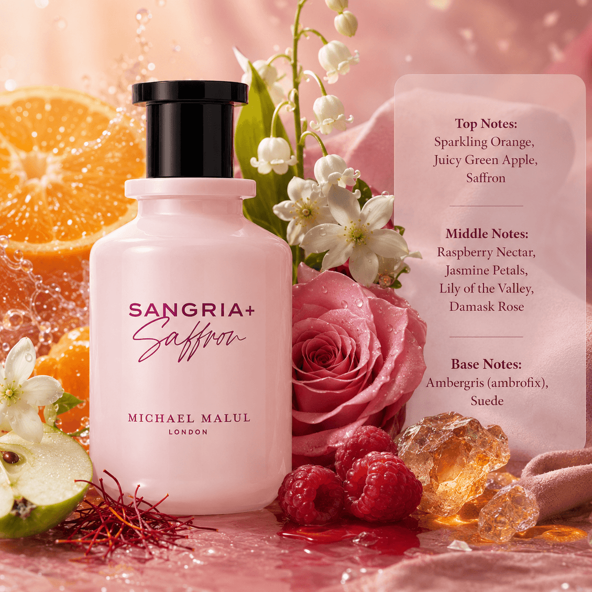Michael Malul Sangria+Saffron Eau de Parfum in an elegant feminine lifestyle display