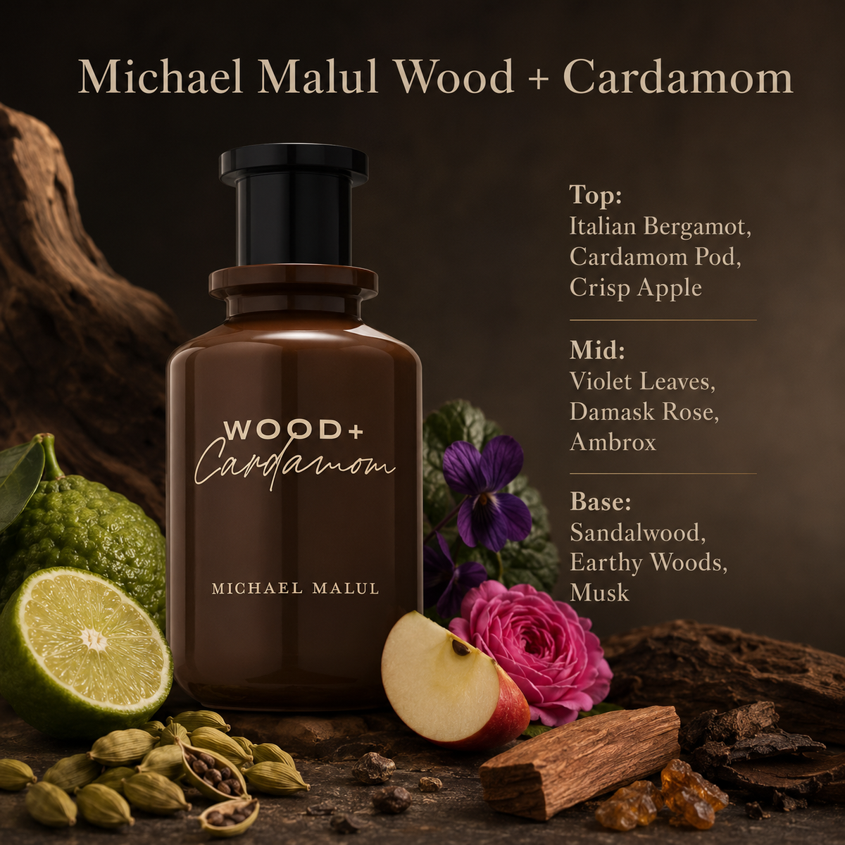 Michael Malul Wood + Cardamom Eau de Parfum in a sophisticated date-night lifestyle display
