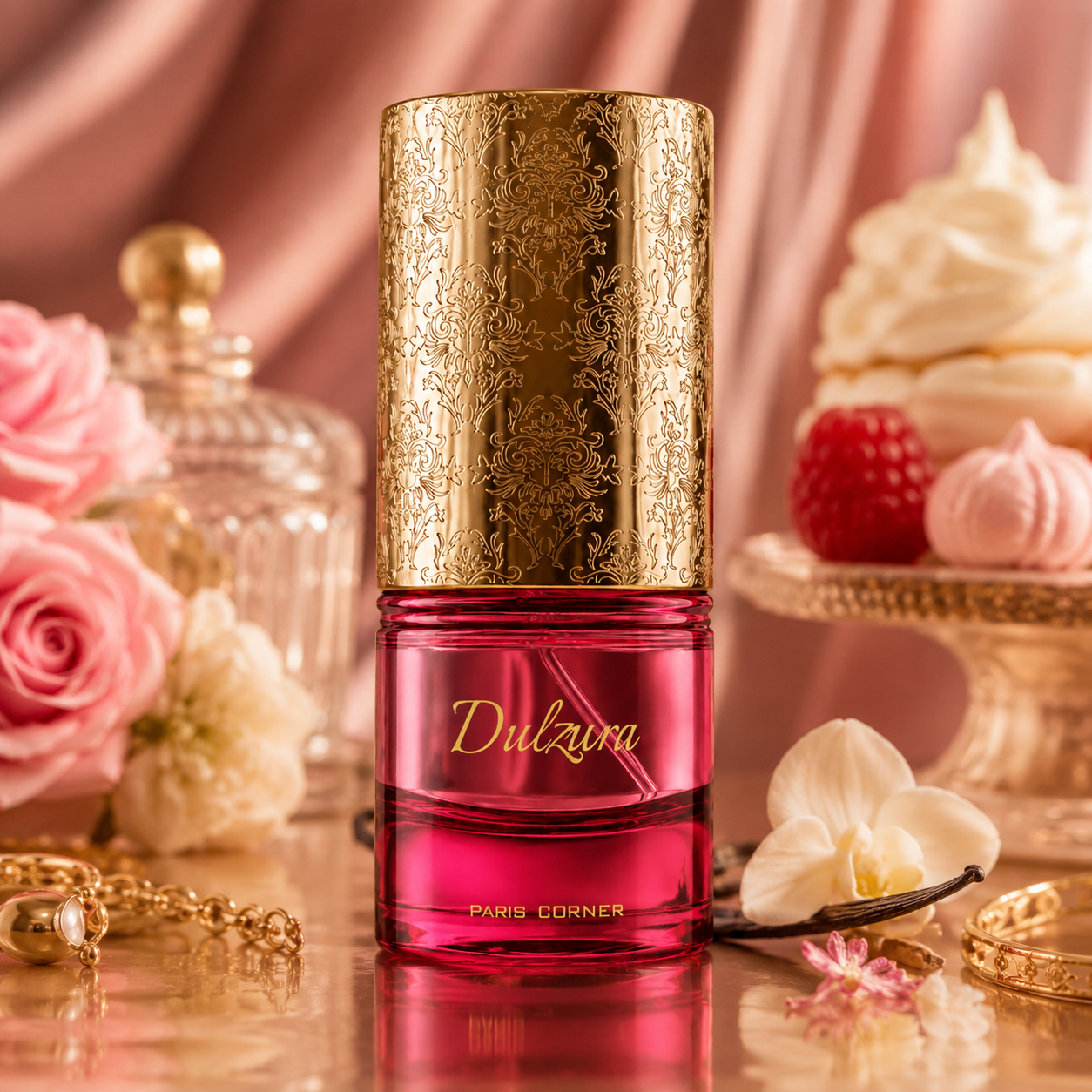 Paris Corner Dulzura women's fragrance styled with vanilla cake, cream and warm amber