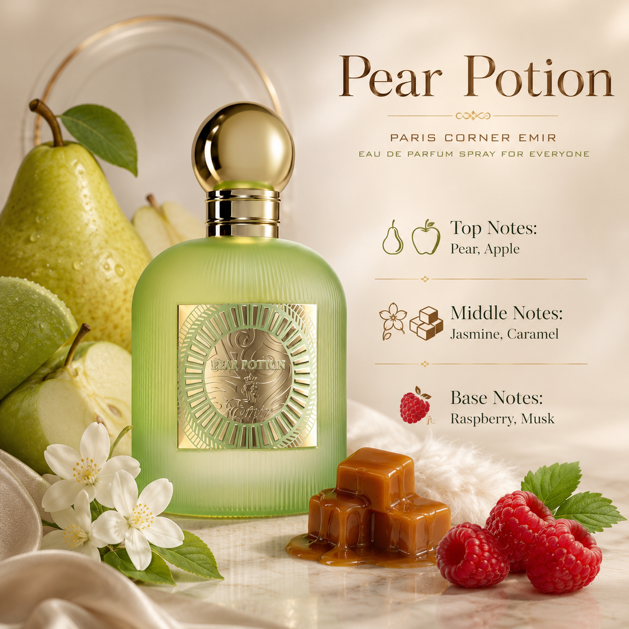 Paris Corner Emir Pear Potion Eau de Parfum in a fresh playful lifestyle display