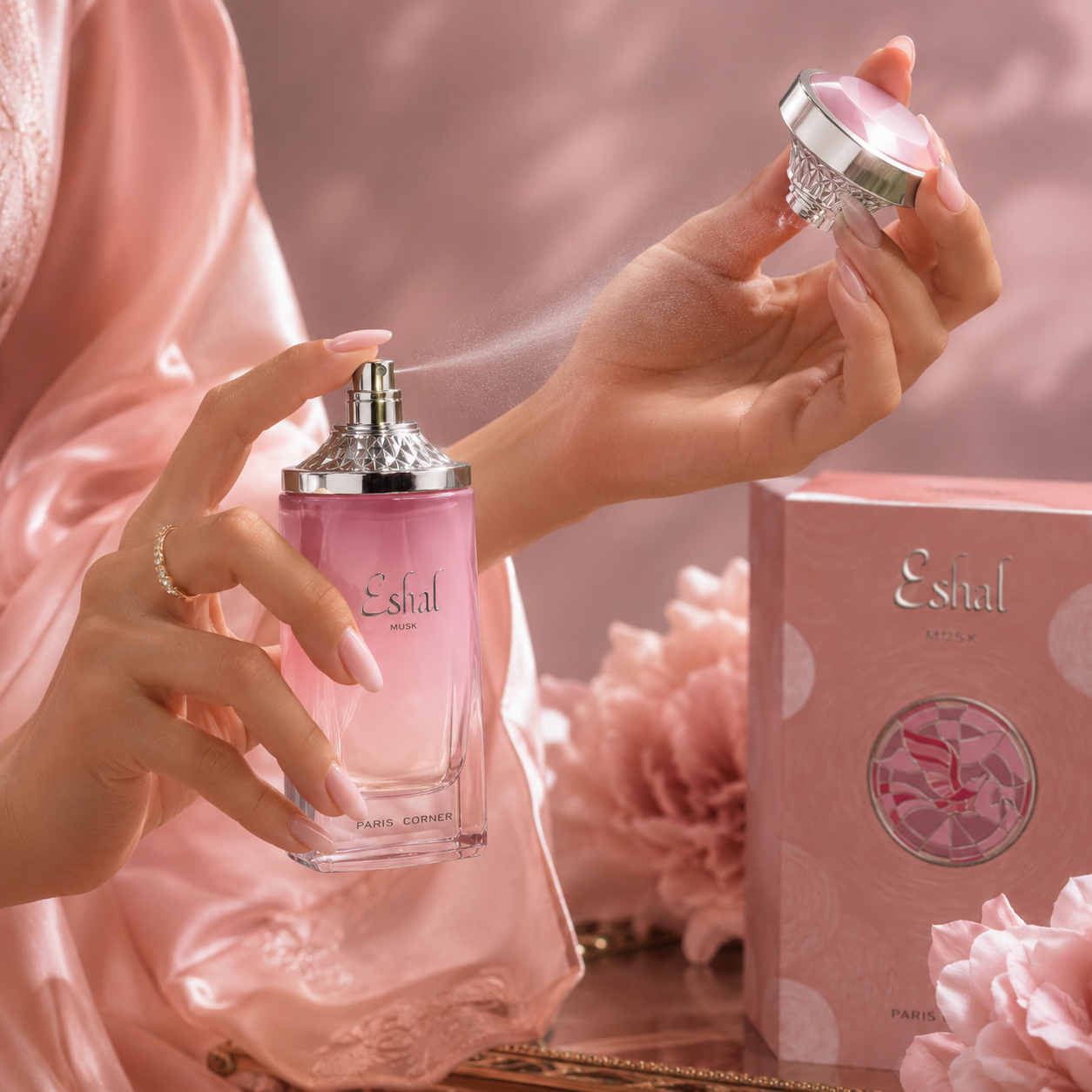 Paris Corner Eshal Musk fragrance notes with lotus, caramel, jasmine, violet, vanilla, musk and ambroxan