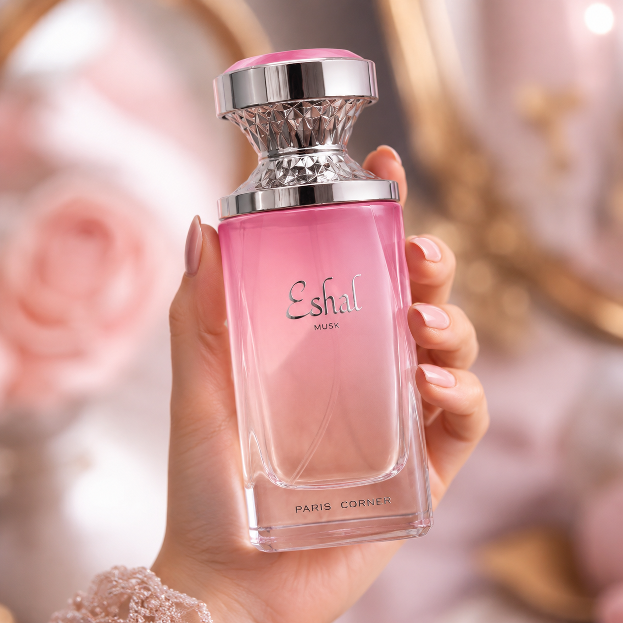 Paris Corner Eshal Musk women's perfume in a soft clean floral musk fragrance setting