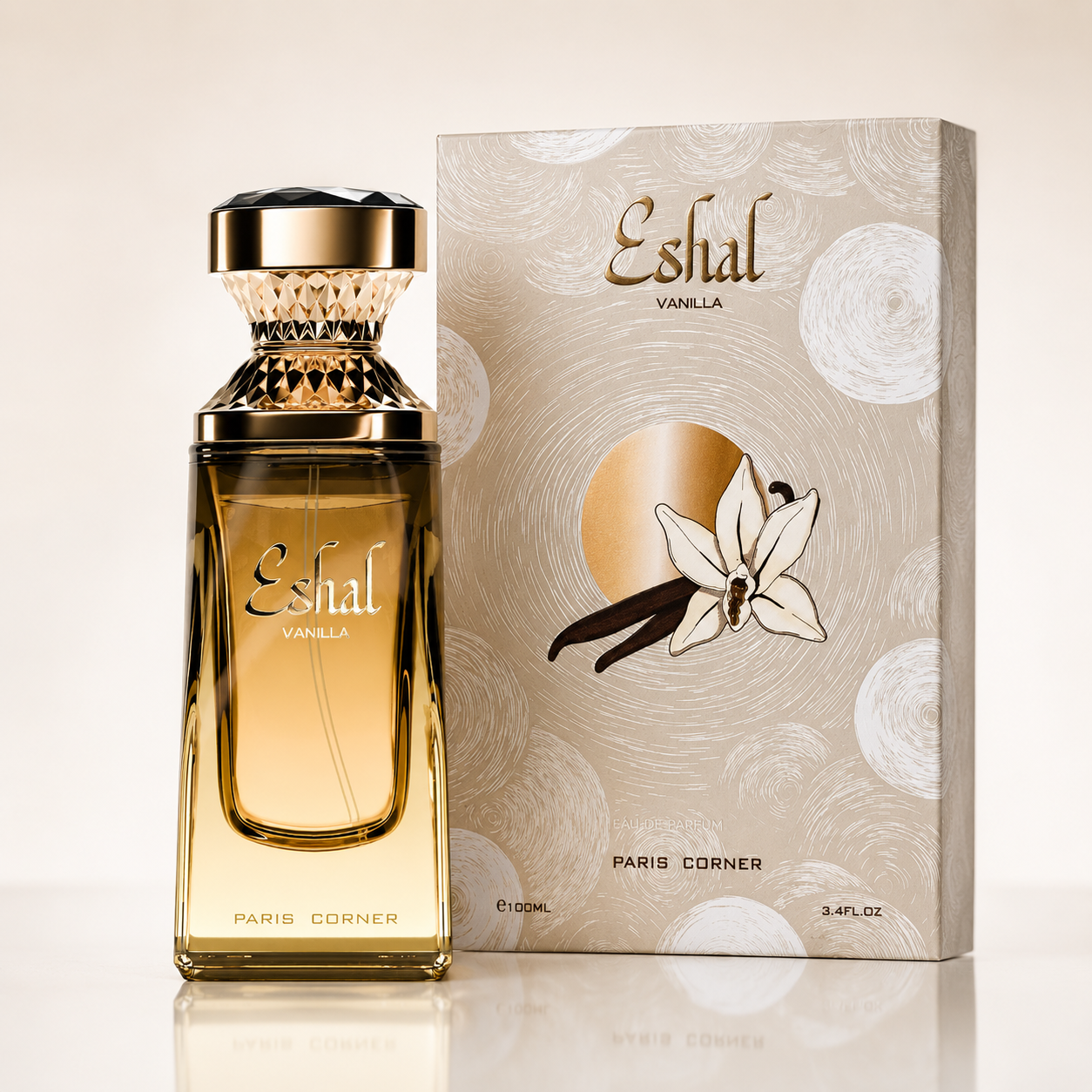 Paris Corner Eshal Vanilla women's fragrance styled with rose, caramel and creamy vanilla