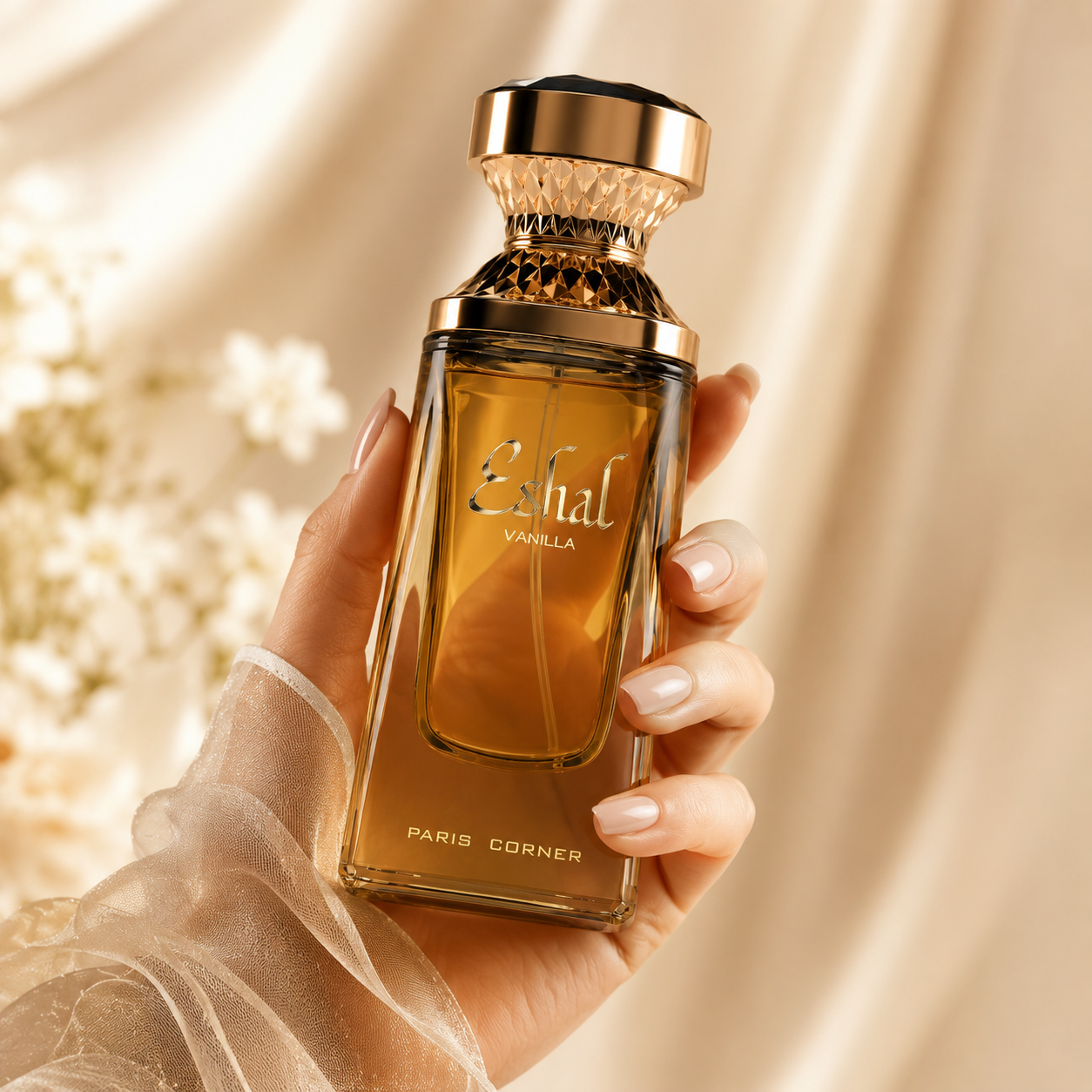 Paris Corner Eshal Vanilla women's perfume in a sweet floral vanilla fragrance setting