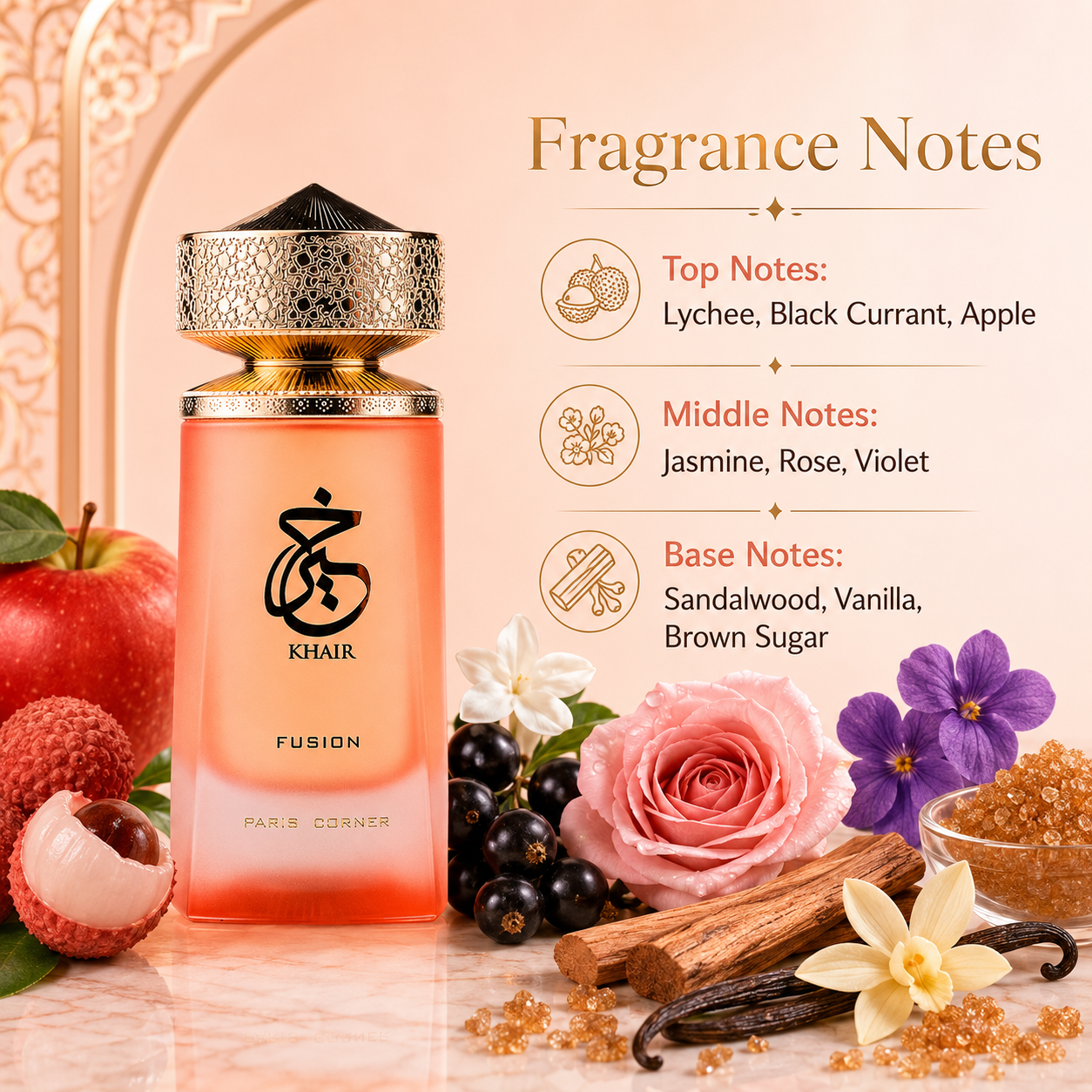 Paris Corner Khair Fusion Eau de Parfum in a warm sophisticated lifestyle display