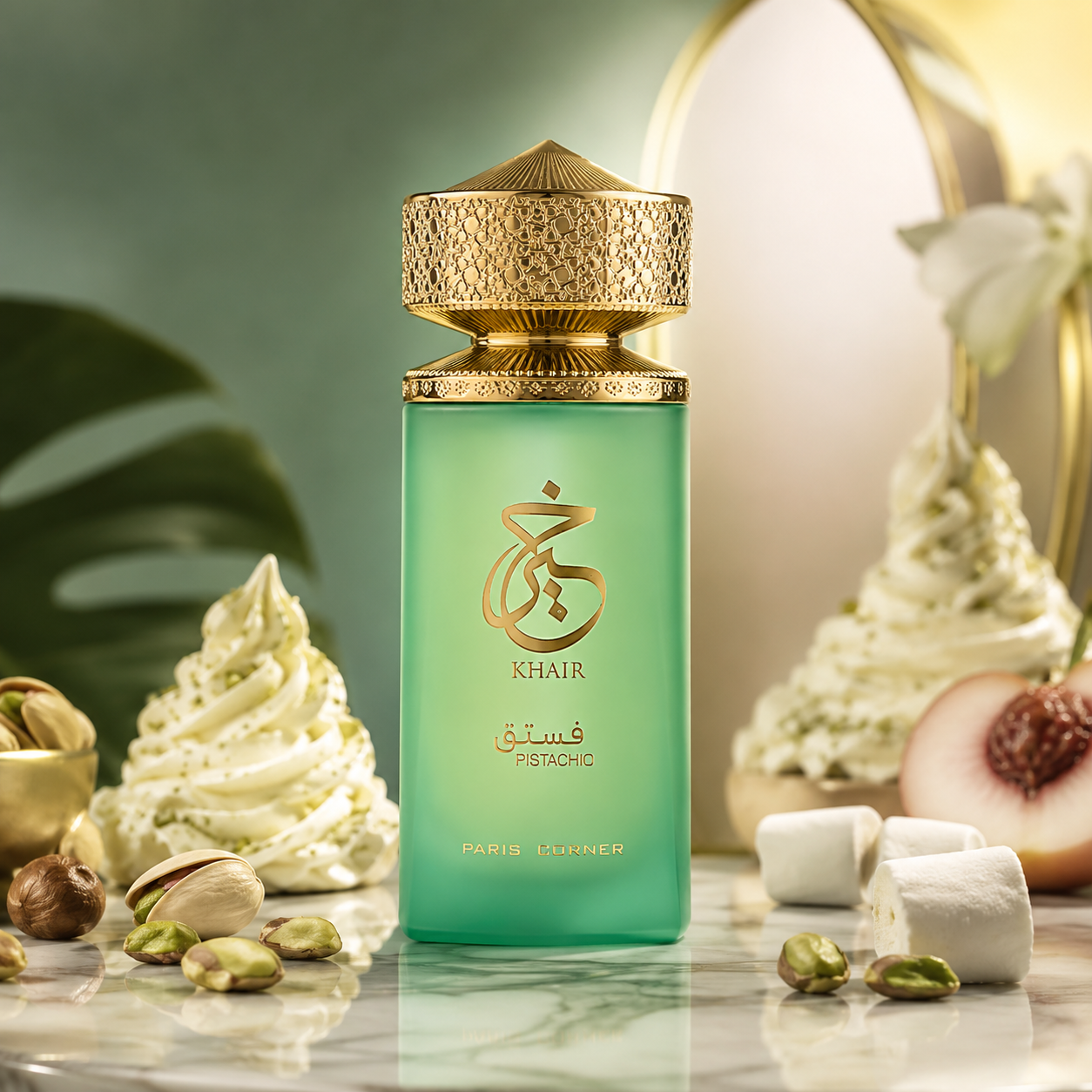 Paris Corner Pistachio Khair fragrance styled with pistachio, almond and warm vanilla woods