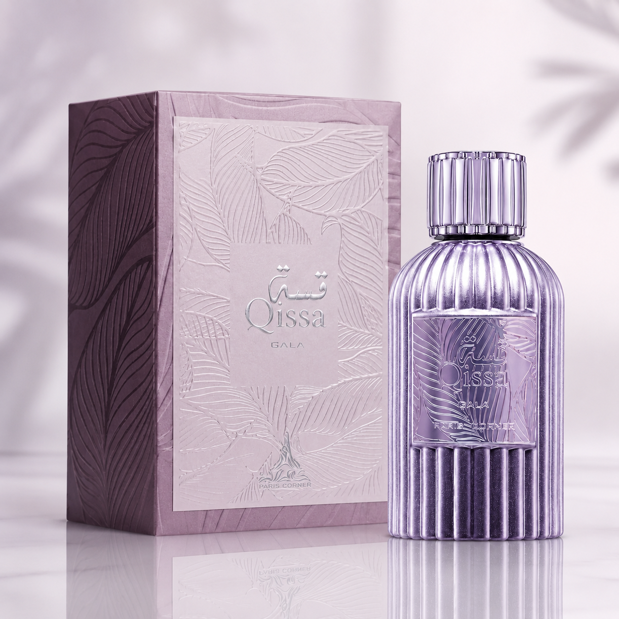 Close-up of Paris Corner Qissa Gala Eau de Parfum bottle and design details