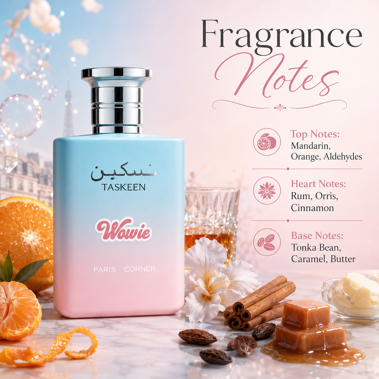 Paris Corner Taskeen Wowie Eau de Parfum in a playful warm lifestyle display