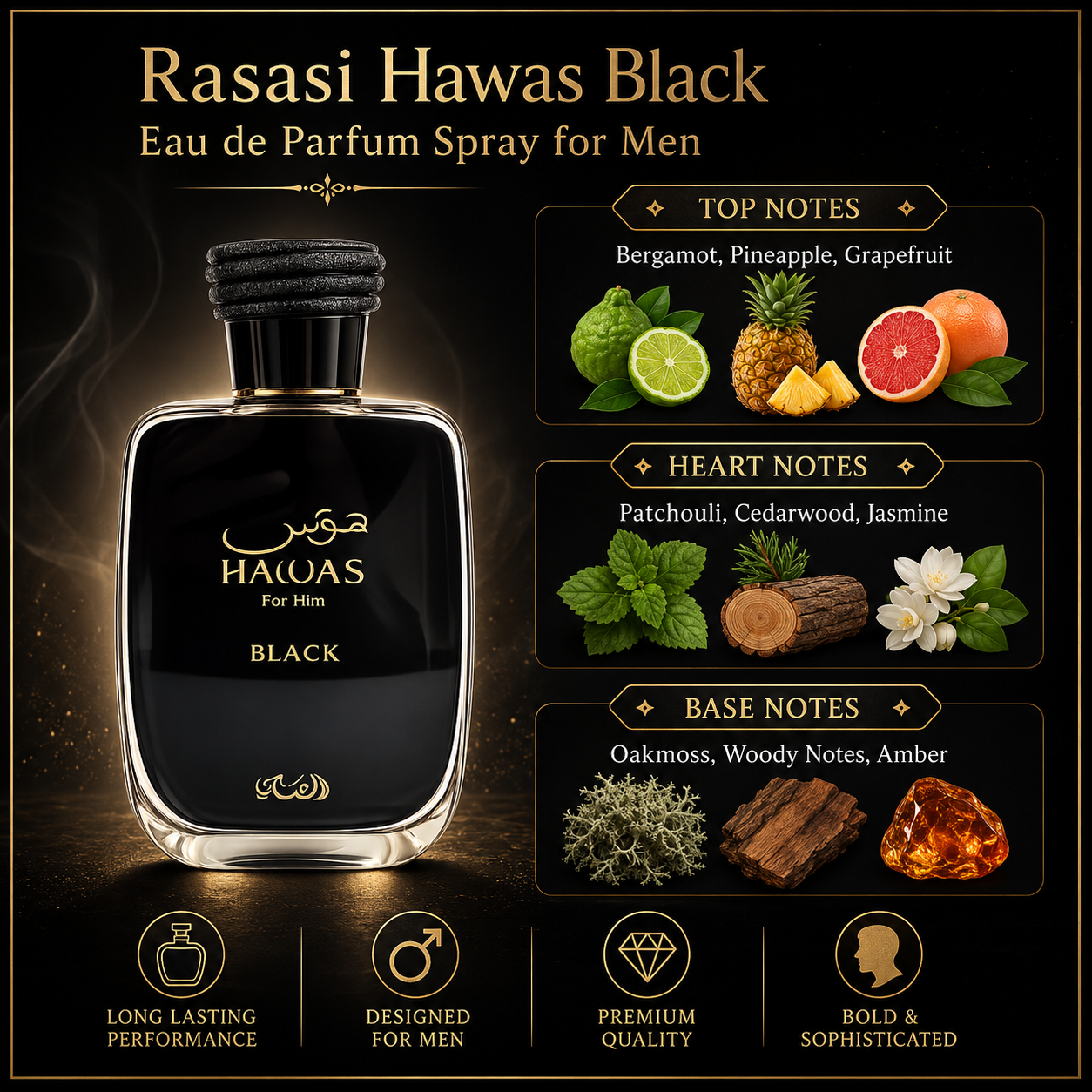 Rasasi Hawas Black Eau de Parfum Spray for Men 3.4 Ounce