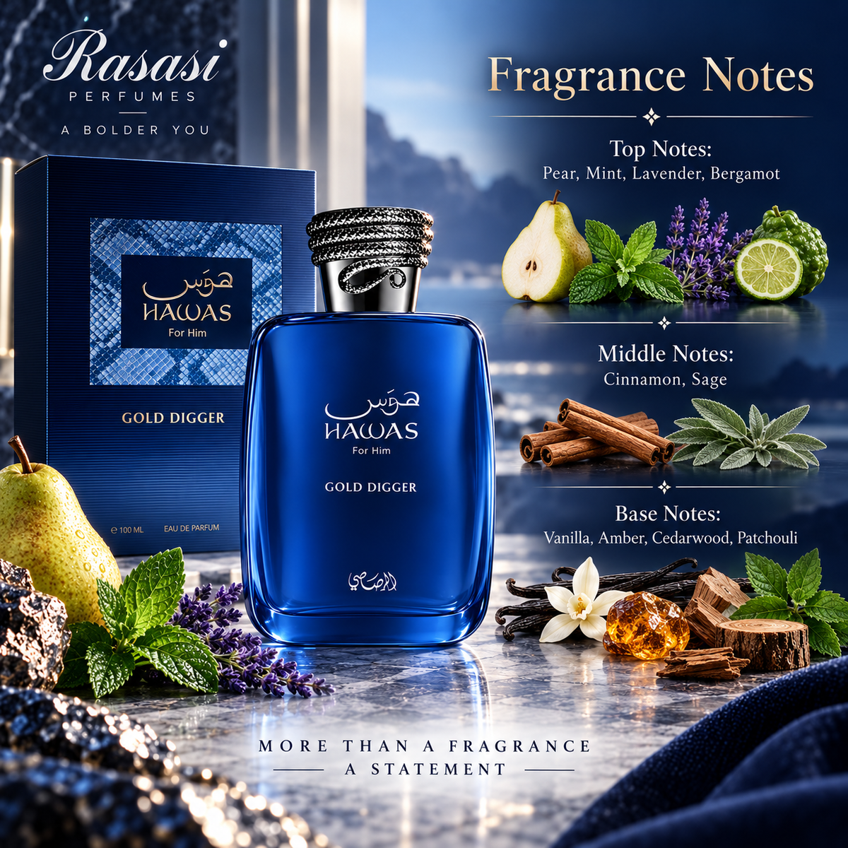 Rasasi Hawas Gold Digger Eau de Parfum for Men, 3.4 Ounce