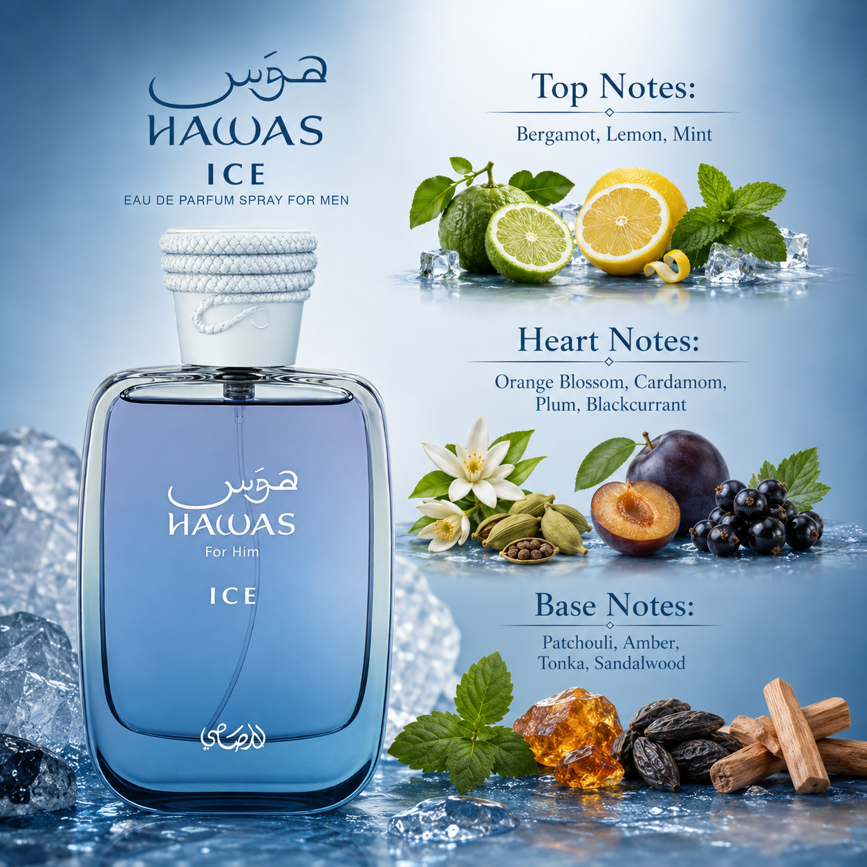 Rasasi Hawas Ice Eau de Parfum Spray for Men 3.4 Ounce