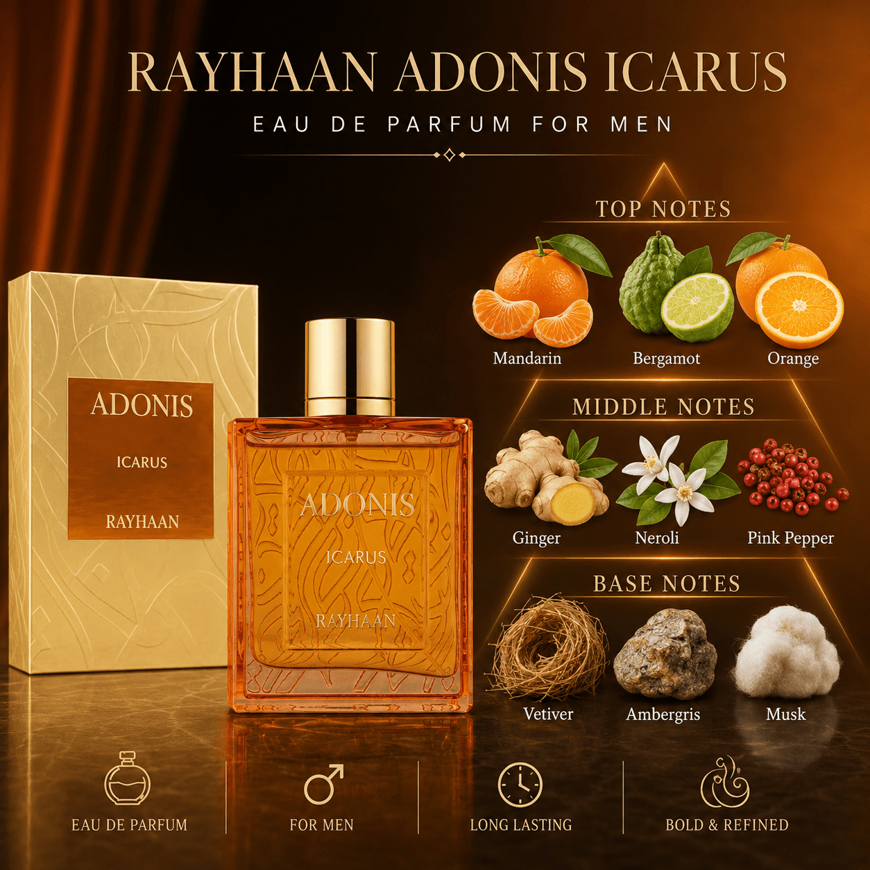 Rayhaan Adonis Icarus men's perfume bottle in a bold elegant fragrance setting