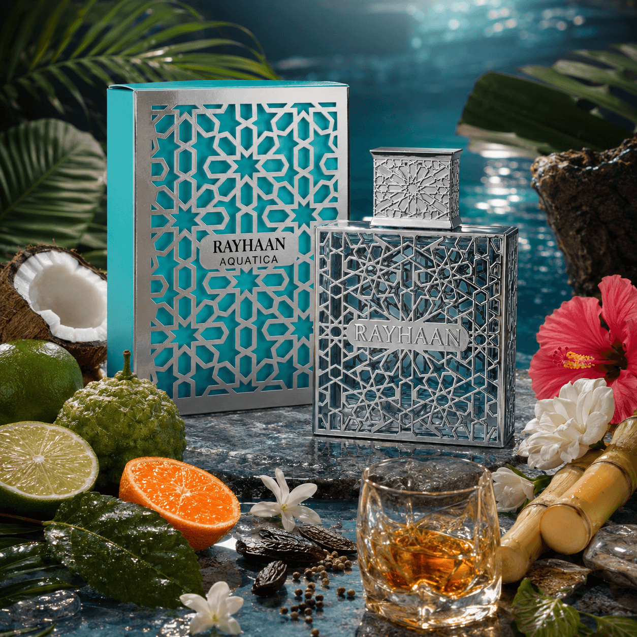 Rayhaan Aquatica 3.4 oz men's fragrance styled in a contemporary product display