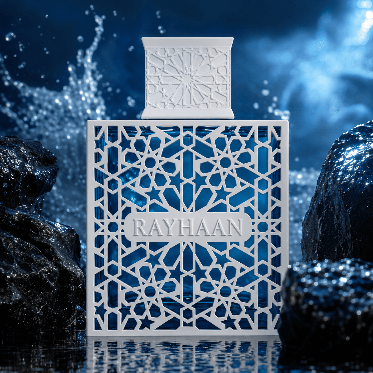 Close-up of Rayhaan Azul Eau de Parfum bottle and packaging details