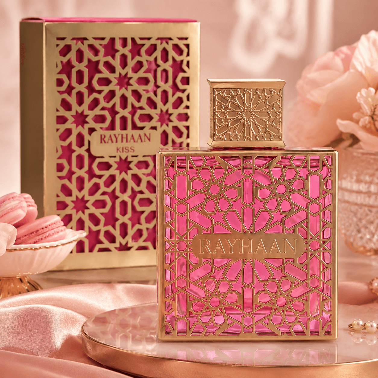 Rayhaan Kiss 3.4 oz women's fragrance styled in a refined product display