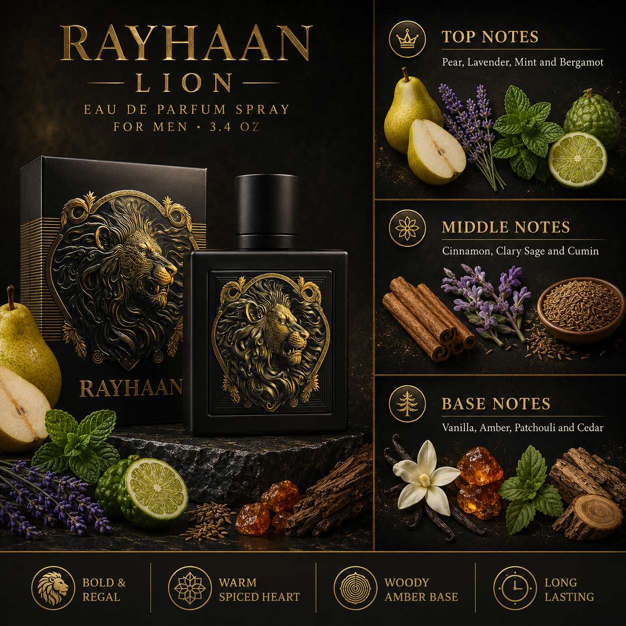 Rayhaan Lion Eau de Parfum for Men, 3.4 Ounce
