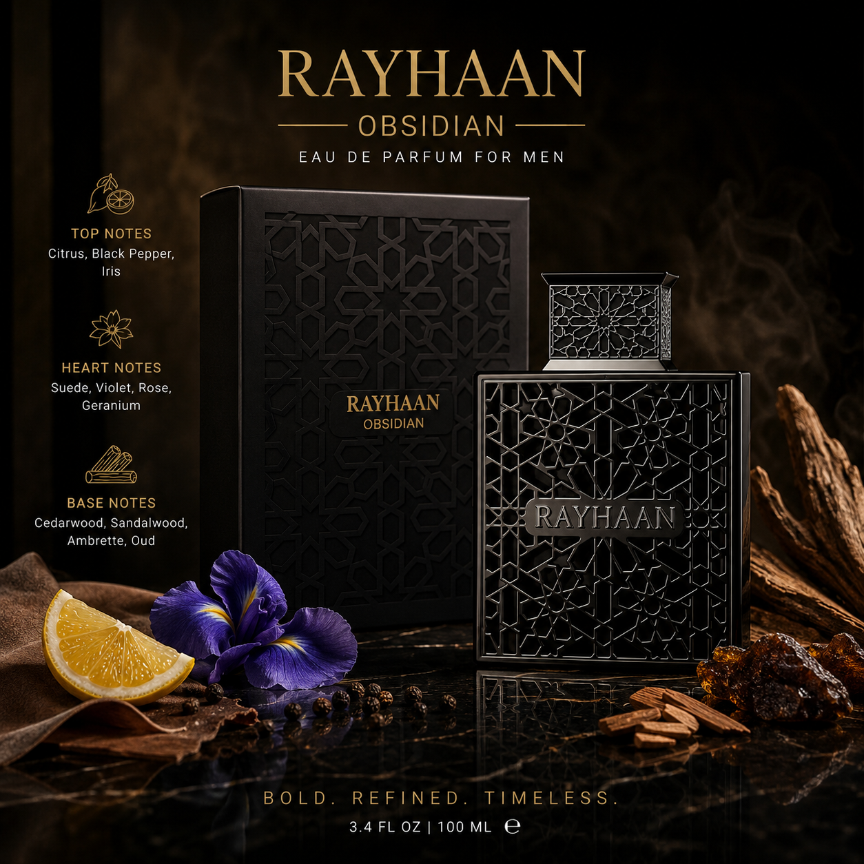 Rayhaan Obsidian Eau de Parfum for Men, 3.4 Ounce