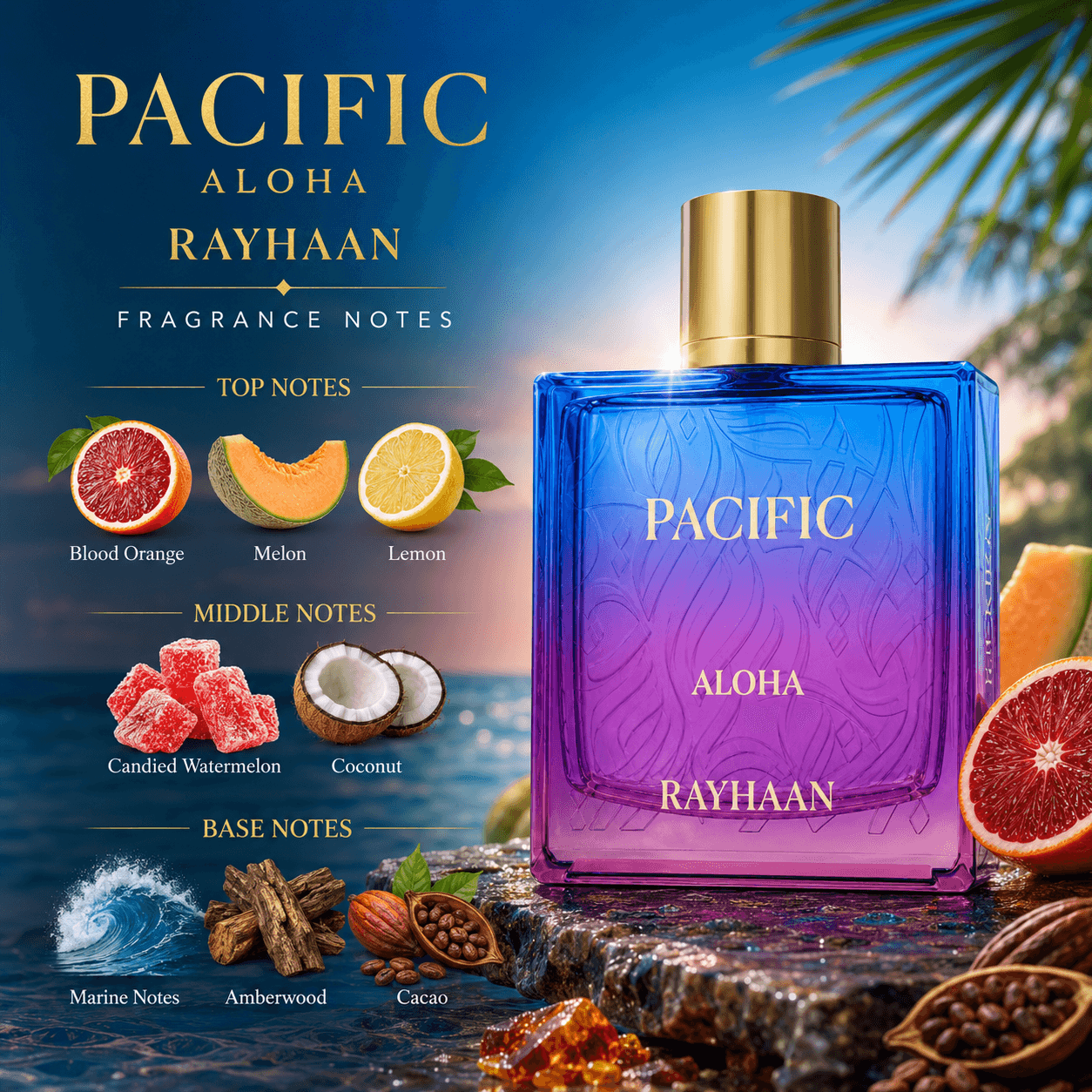 Rayhaan Pacific Aloha Eau de Parfum displayed in a bright modern scene