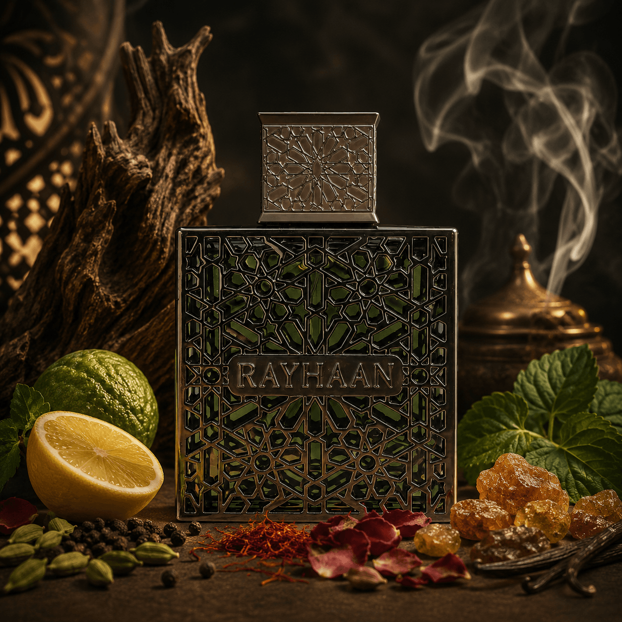 Rayhaan Terra 3.4 oz unisex fragrance styled in a refined product display