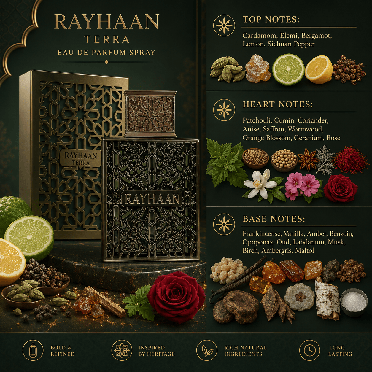 Rayhaan Terra Eau de Parfum displayed in a warm modern lifestyle scene