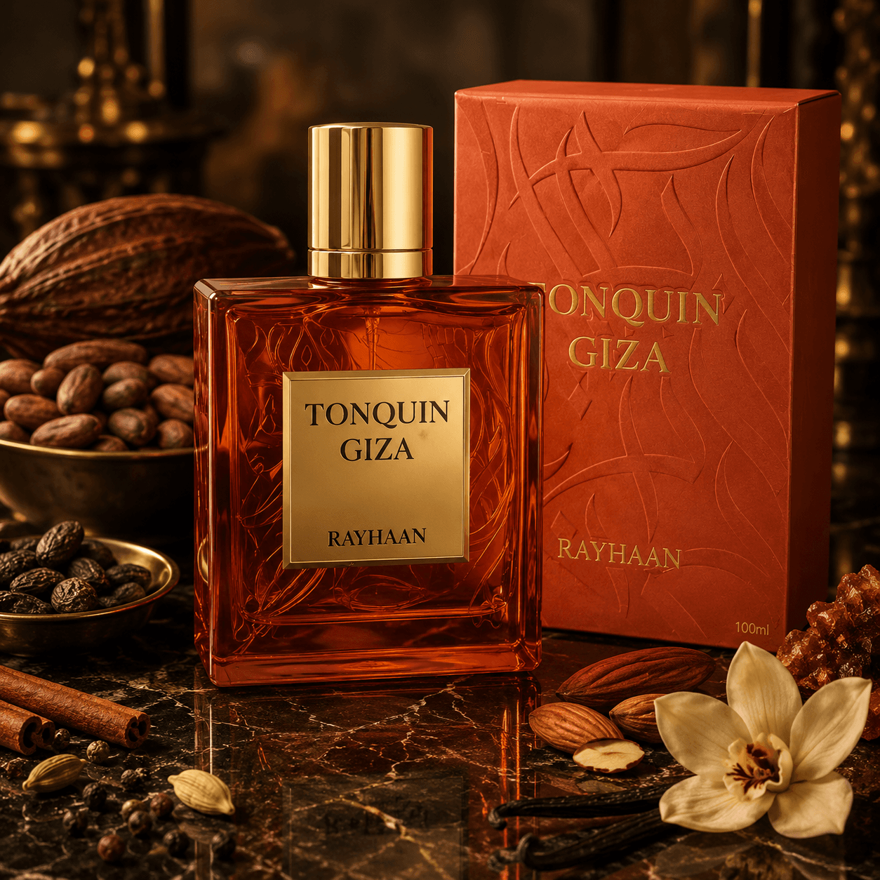Rayhaan Tonquin Giza 3.4 oz fragrance styled in a sophisticated product display