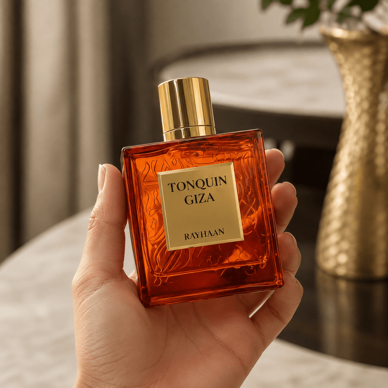 Rayhaan Tonquin Giza unisex perfume bottle in an elegant luxury fragrance setting