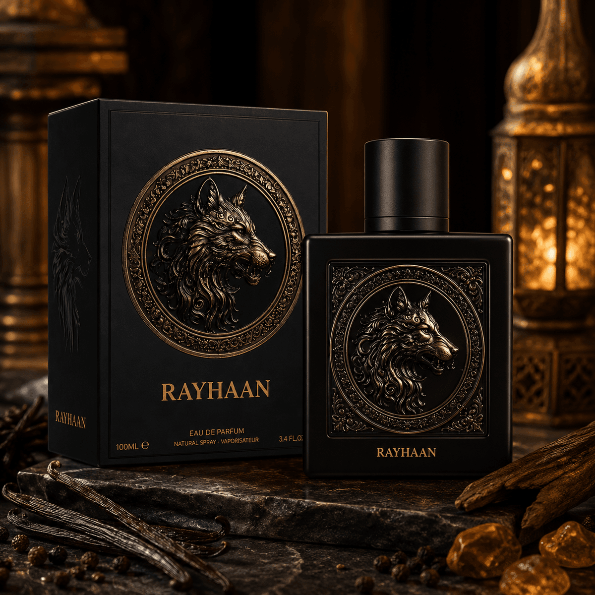 Rayhaan Wolf 3.4 oz men's fragrance styled in an elegant product display