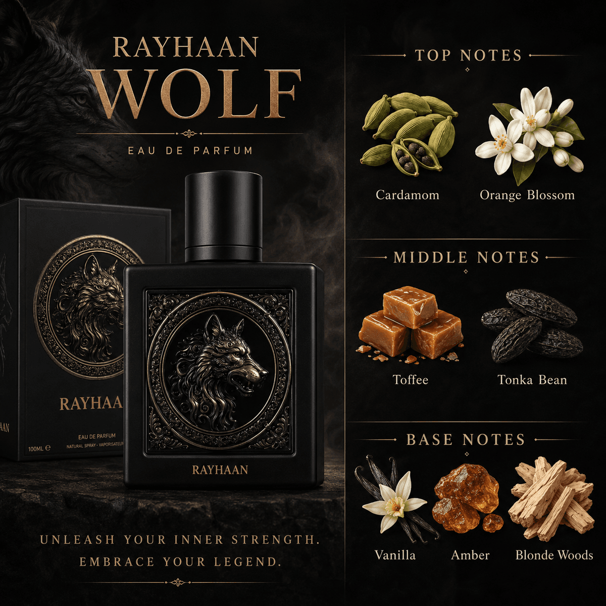 Rayhaan Wolf men's perfume bottle in a bold modern fragrance setting
