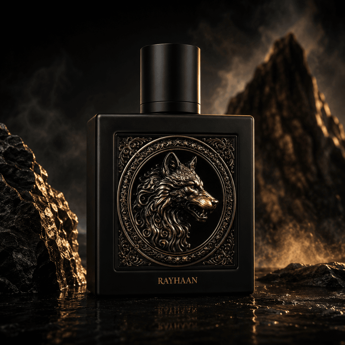 Rayhaan Wolf Eau de Parfum for men displayed in a masculine lifestyle scene