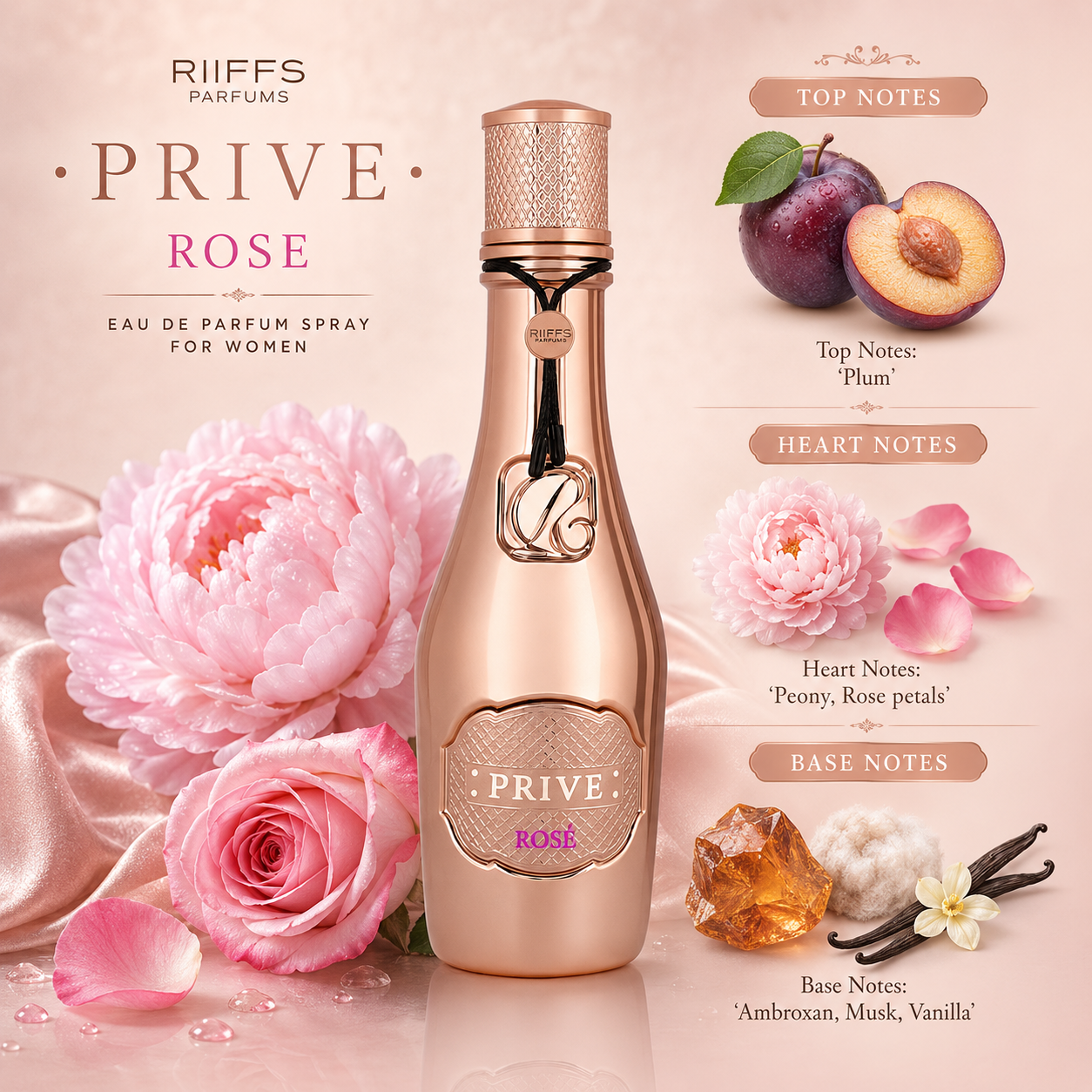 Riiffs Prive Rose Eau de Parfum Spray for Women, 3.4 Ounce