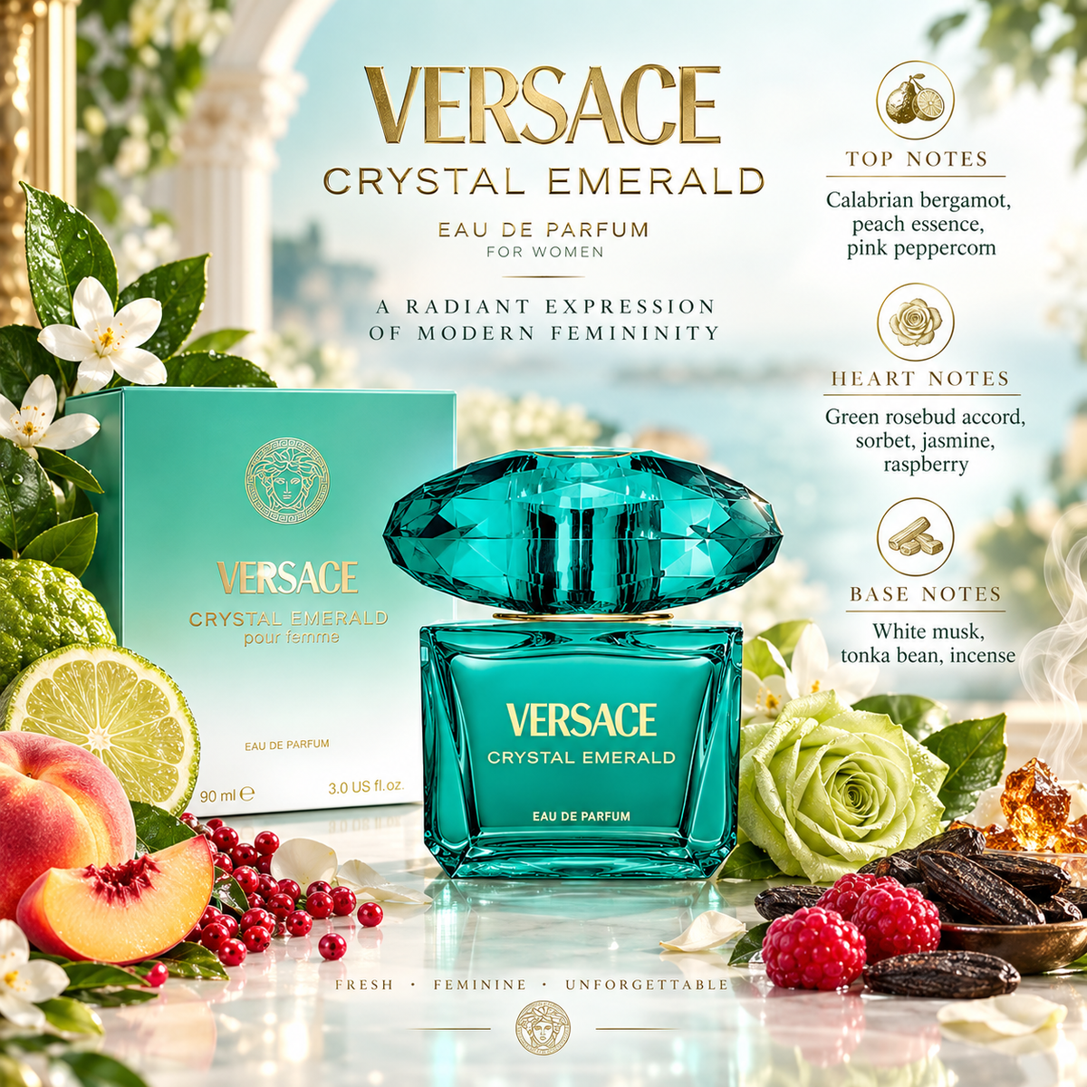 Versace Crystal Emerald Eau de Parfum for Women, 3.0 Ounce