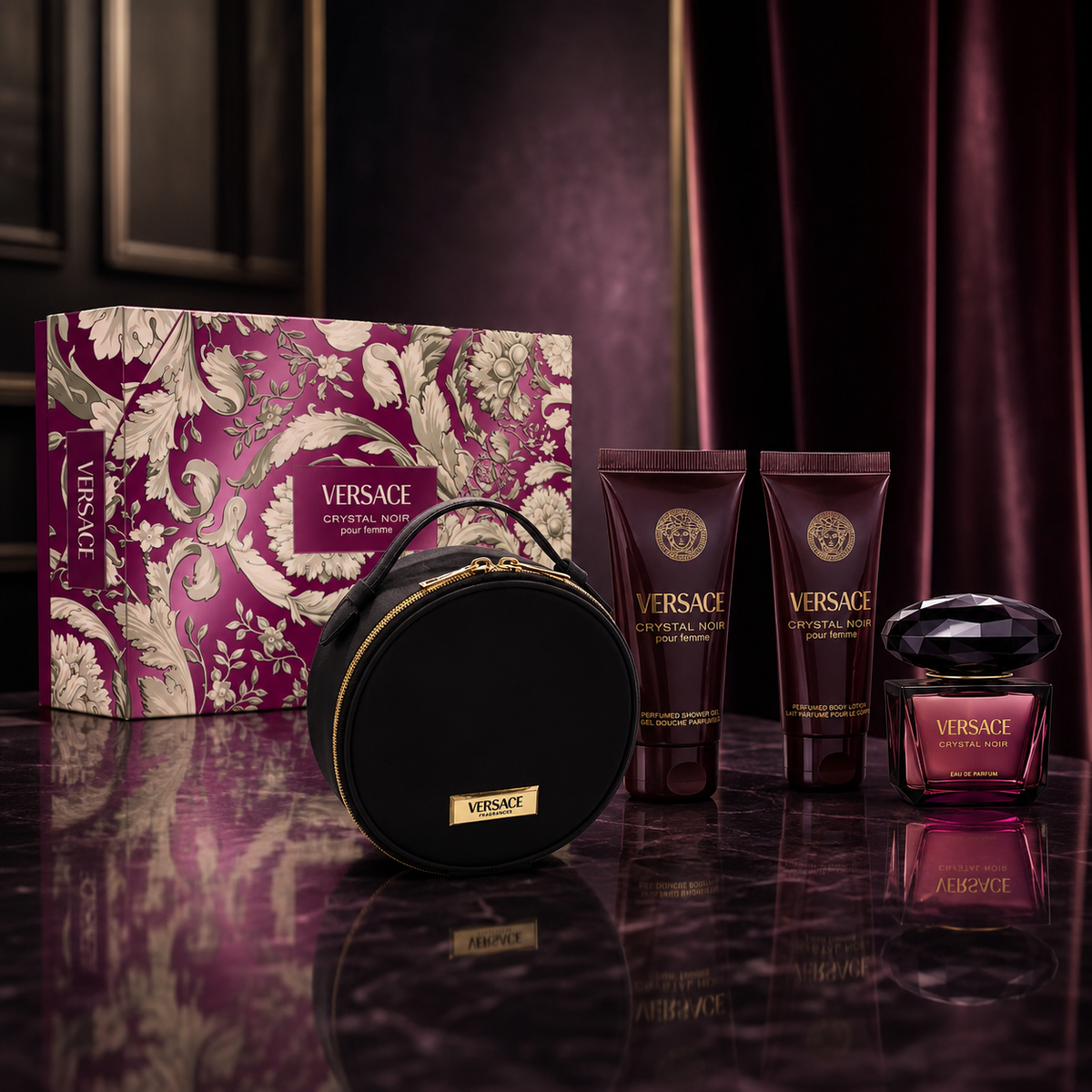 Versace Crystal Noir 4-Piece Gift Set for Women (with Makeup Bag)