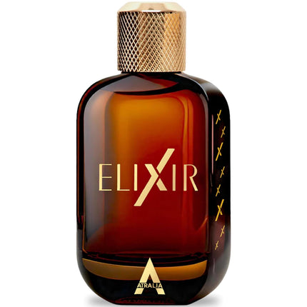 Brown Elixir perfume bottle with gold cap and branding on a white background