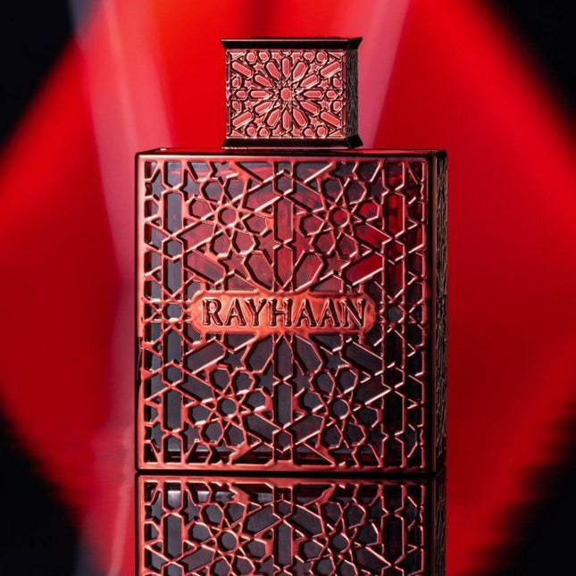 Decorative red box with intricate patterns and 'RAYHAAN' branding on a red background