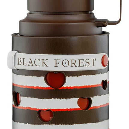 Thermos with 'Black Forest' branding and heart designs on a white background