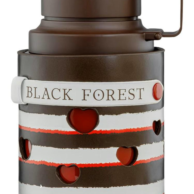 Thermos with 'Black Forest' branding and heart designs on a white background