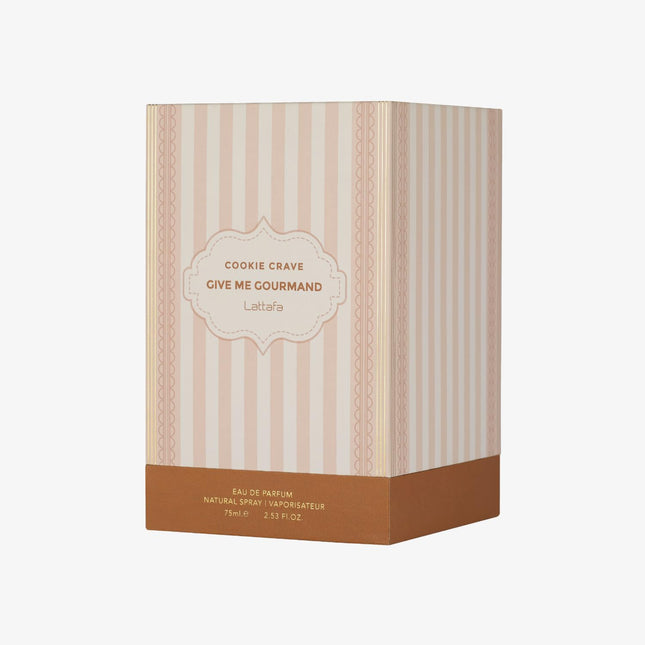 Perfume packaging with 'Cookie Crave' branding on a white background