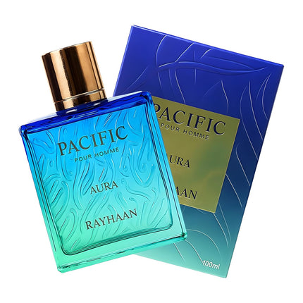 Perfume bottle and packaging of Pacific Aura Rayhaan on a white background