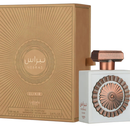 Perfume bottle with decorative cap and matching box on a white background