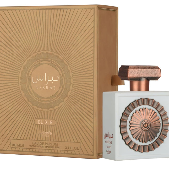 Perfume bottle with decorative cap and matching box on a white background