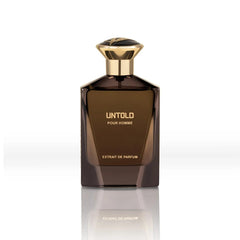 Brown perfume bottle with gold cap on a white background