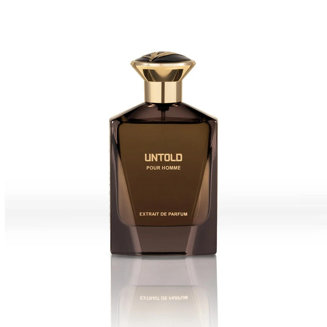 Brown perfume bottle with gold cap on a white background