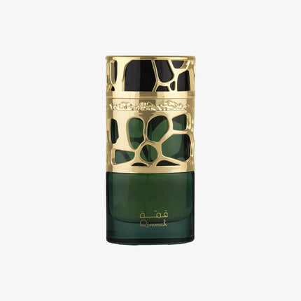 Green perfume bottle with gold cap on a white background