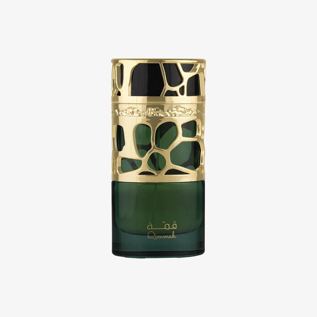 Green perfume bottle with gold cap on a white background