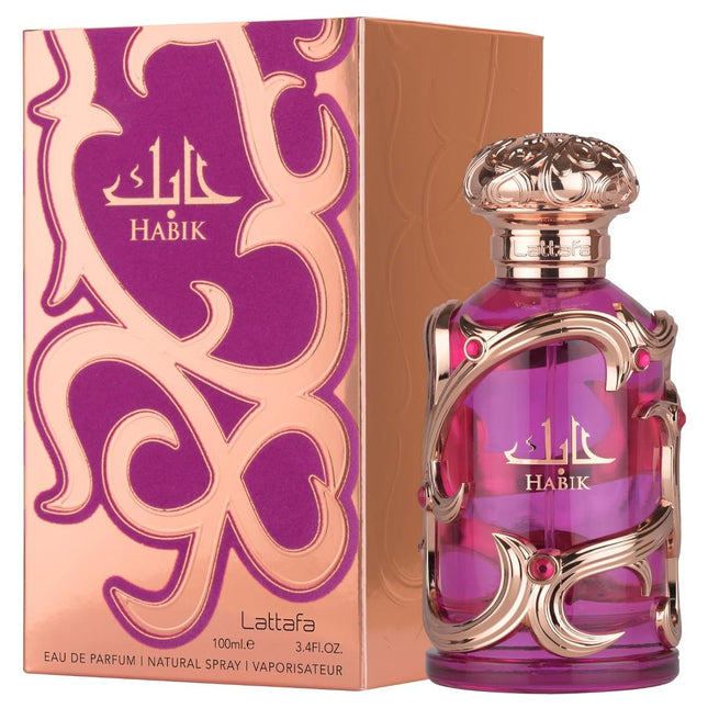 Purple Habik perfume bottle with gold accents and matching box on a white background