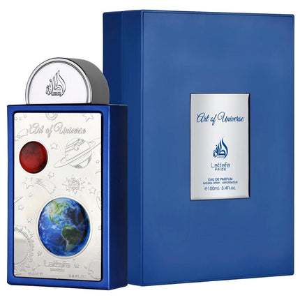 Blue Lattafa perfume bottle and packaging with 'Art of Universe' design on a white background